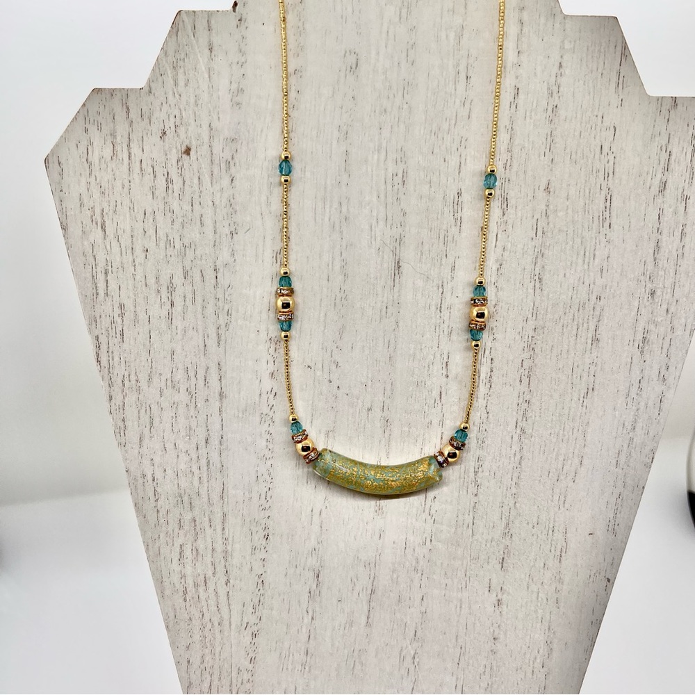Italian Uno Alla Volta Aqua & Gold Bar Necklace with Beads and Rhinestone Accent